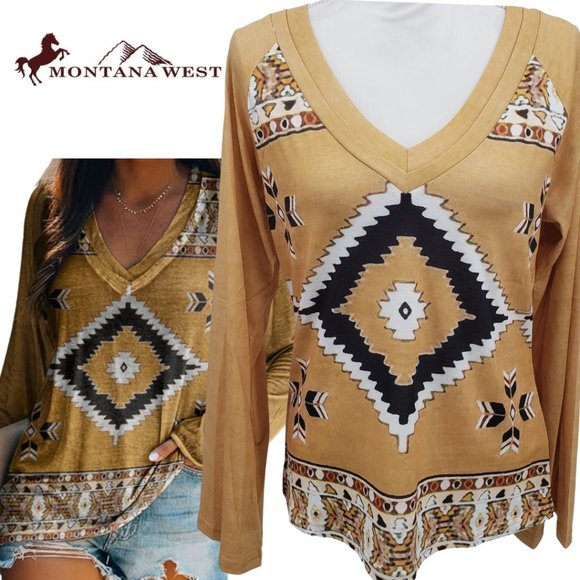 Montana West Tops - MONTANA WEST Western Aztec Long Sleeve T Shirt Serape Print V Neck  M-XXX NWT